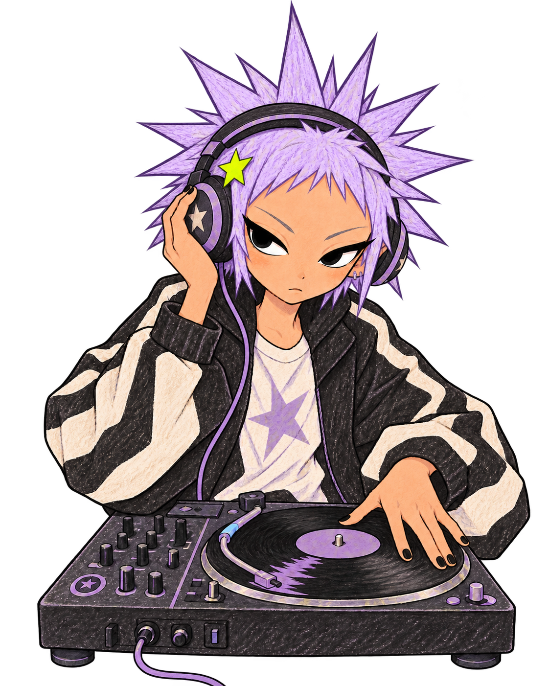 淡紫色刺头、正在搓碟的手绘 DJ 人物